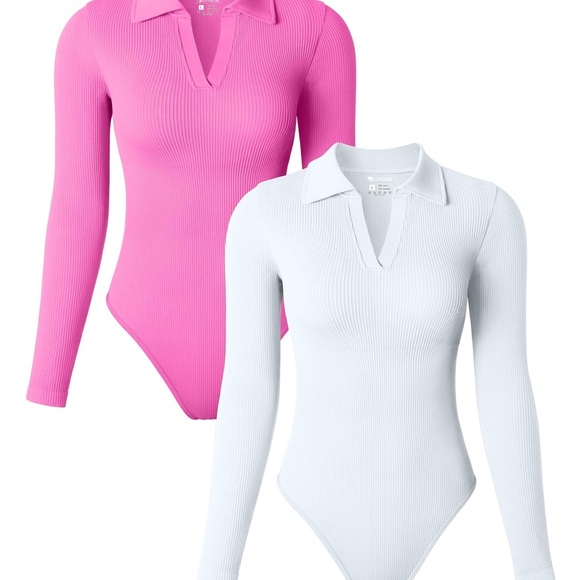 OQQ Tops - Sleek Pink and White Long Sleeve Bodysuits